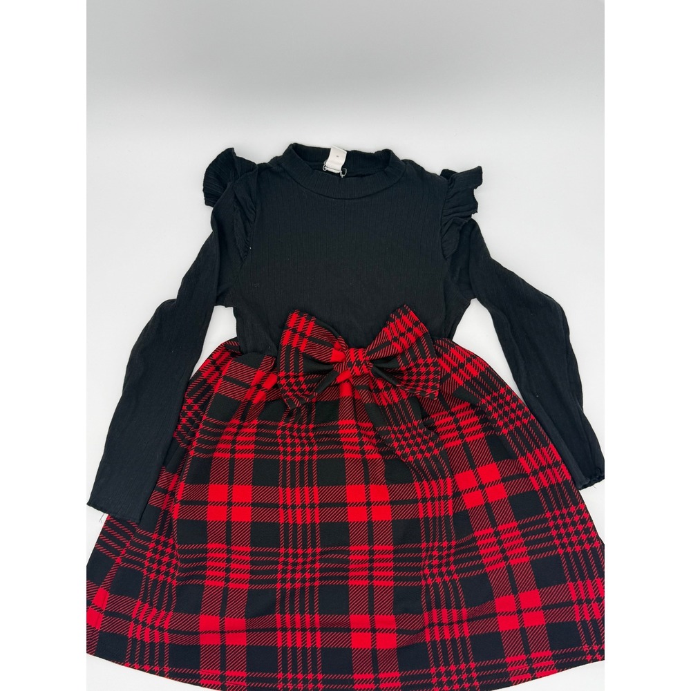 SHEIN Kids Girls Red Black Buffalo Plaid Long Sleeve Bow Ruffle Dress Size 7Y
